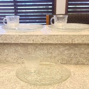Vintage Rain Flower Snack Set 3 Plates and Cups Anchor Hocking Glass